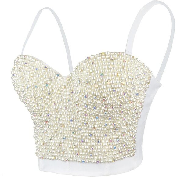Tops - Women White Pearls Beaded Rhinestone Bustier Crop Top Push Up Corset